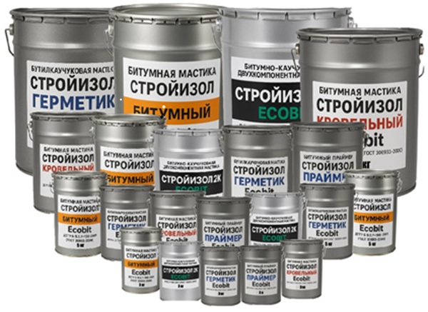 Серия материалов СТРОЙИЗОЛ Ecobit ДСТУ Б В.2.7-108-2001 ( ГОСТ 30693-2000)  битумные мастики, праймера, герметики